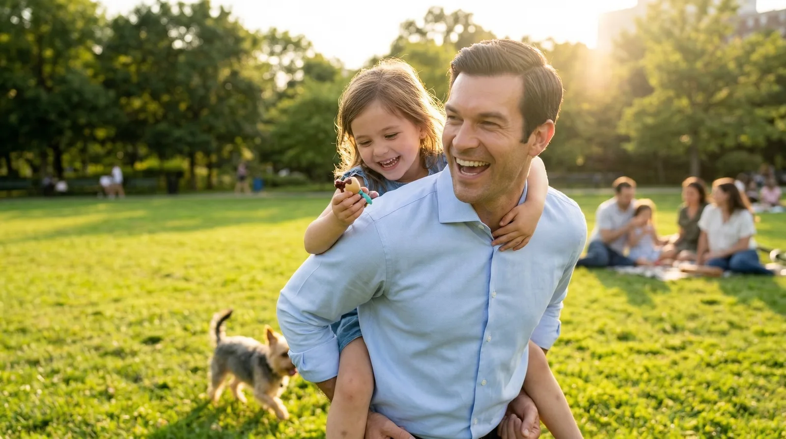 A father carrying his daughter on his back in a park